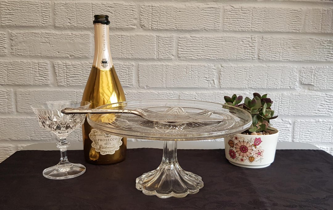 Clear Pressed Glass Pedestal Cake Plate Etsy UK