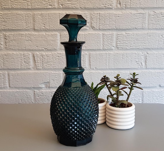 Genie bottle diamond design teal blue glass decanter
