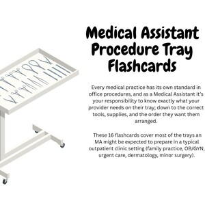 Könnte beinhalten: Illustration eines weißen medizinischen Tabletts auf Rädern mit verschiedenen chirurgischen Instrumenten. Der Text "Medical Assistant Procedure Tray Flashcards" wird fett und schwarz angezeigt.