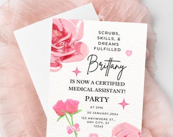 Pink Floral Medical Assistant Graduation Invitation (Canva Template)