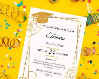 Medical Assistant Graduation Invitation | Gold Glitter (Editable Canva Template)