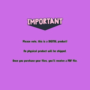 Könnte beinhalten: Ein violetter Hintergrund mit dem Wort "WICHTIG" in weißer Schrift mit Umrandung. Darunter steht, dass es sich um ein digitales Produkt handelt, kein physisches Produkt versendet wird und eine PDF-Datei empfangen wird.