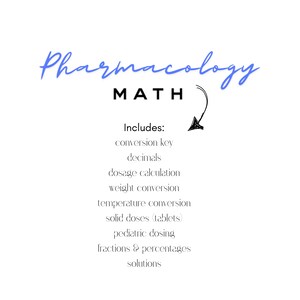 Puede incluir: Un gráfico azul y blanco con el texto "Farmacología MATH" y una lista de temas incluidos: clave de conversión, decimales, cálculo de dosis, conversión de peso, conversión de temperatura, dosis sólidas (tabletas), dosificación pediátrica, fracciones y porcentajes, soluciones.