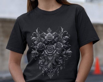 Gothic Floral tshirt, black flowers shirt, gothic clothing, dark floral shirt, monochrome flowers tshirt, black on black, goth chic shirt