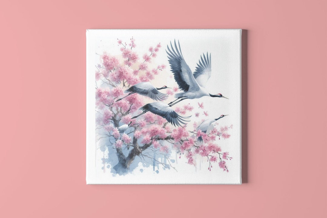Japanese Cranes and Cherry Blossom Art Print, Japanese Cranes Print ...