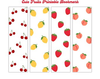 4 Designs Cherry Lemon Strawberry Peach Printable Bookmark Digital Bookmark Download PNG and PDF Cute Bookmarks