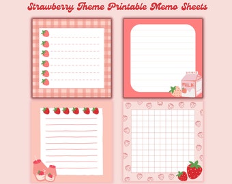 4 designs Strawberry theme printable notepad 3x3 inch Digital download Memo Sheets cute notepads kawaii memo sheets