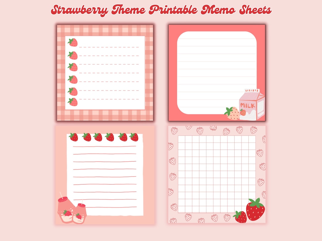 4 Designs Strawberry Theme Printable Notepad 3x3 Inch Digital Download ...