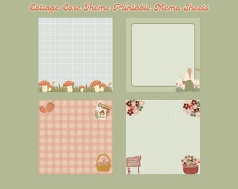 4 designs Cottage Core theme printable notepad 3x3 inch Digital download Memo Sheets cute notepads kawaii memo sheets