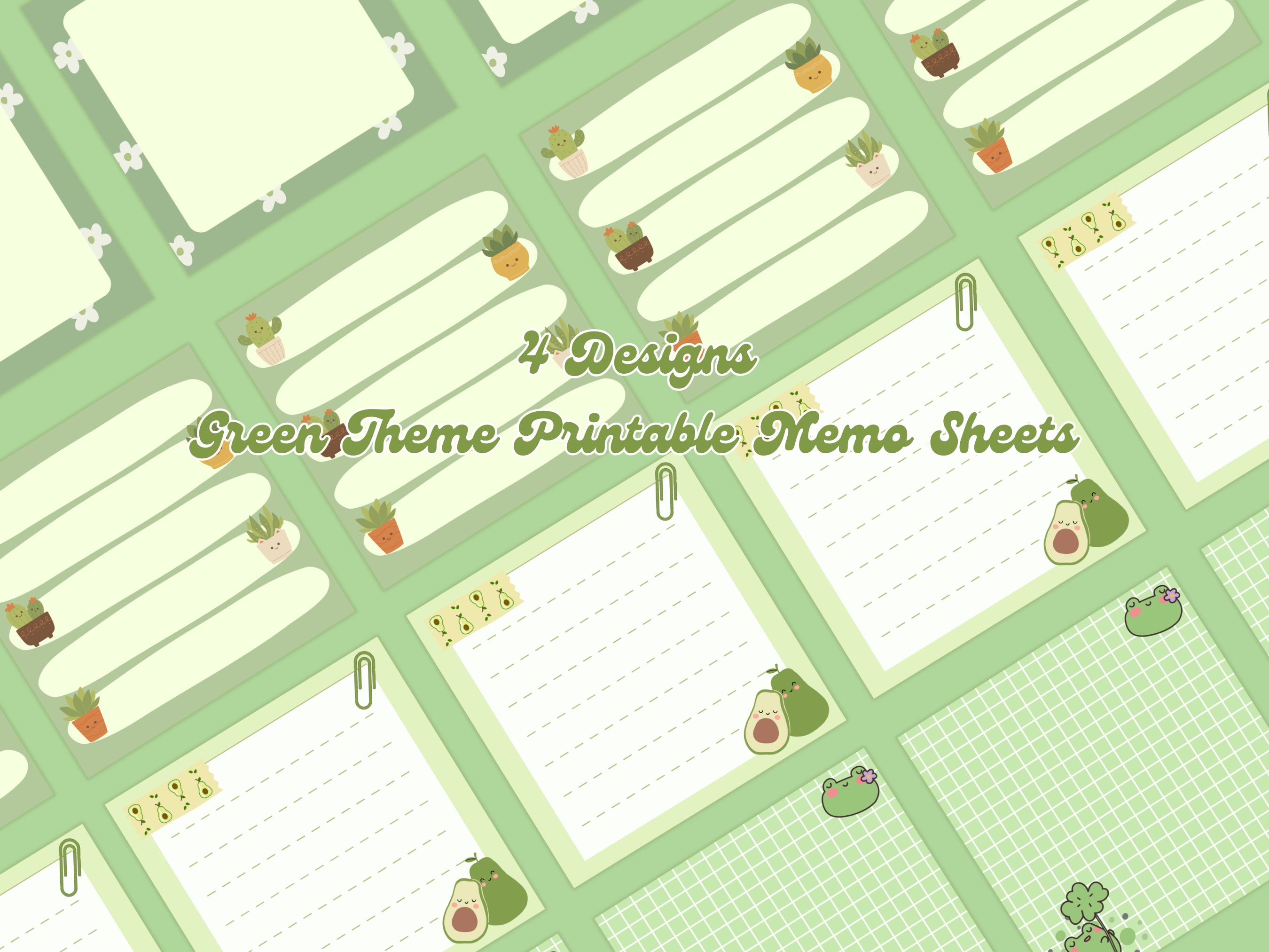 4 Designs Green Theme Printable Notepad 3x3 Inch Digital Download Memo ...