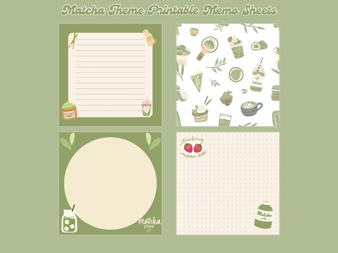 4 Designs Matcha Theme Printable Notepad 3x3 Inch Digital Download Memo ...