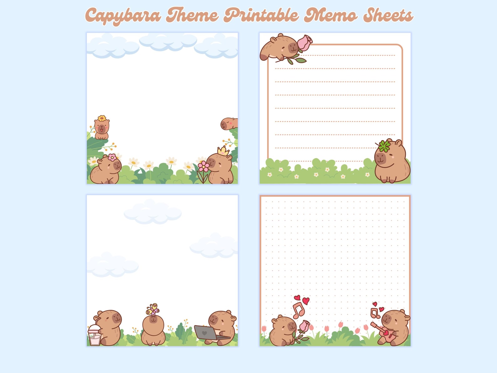 4 Designs Capybara Theme Printable Notepad 3x3 Inch Digital Download ...