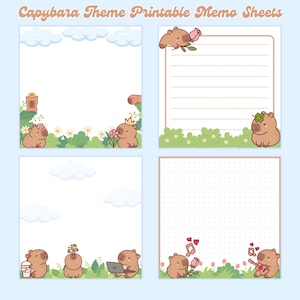 Puede incluir: Cuatro hojas de memo imprimibles con ilustraciones lindas de capibaras. Cada hoja tiene un diseño diferente, incluyendo rayado, en blanco, punteado y un capibara con una guitarra.