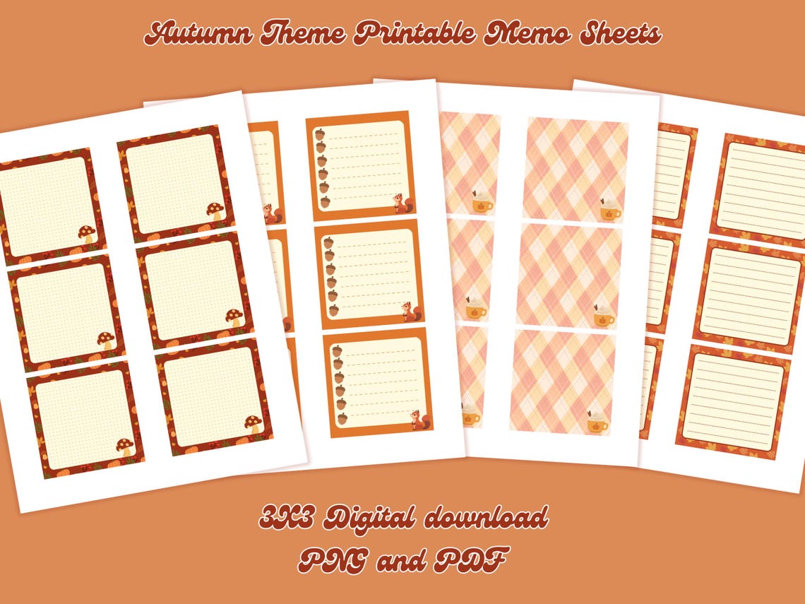 4 Designs Autumn Theme Printable Notepad 3x3 Inch Digital Download Memo ...