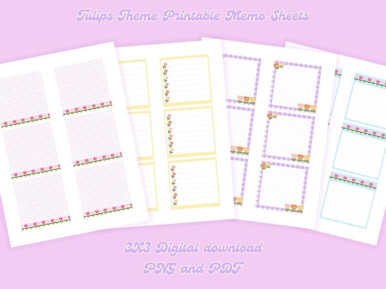 4 Designs Tulips Theme Printable Notepad 3x3 Inch Digital Download Memo ...