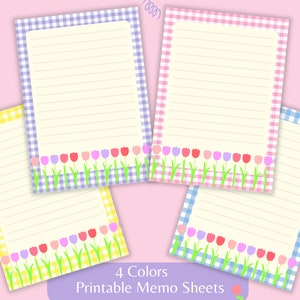 4 colors Gingham Tulip Theme Notepad Memo Sheets Printable Downloadable Memo Pad Cute Kawaii templates A6 PNG & PDF