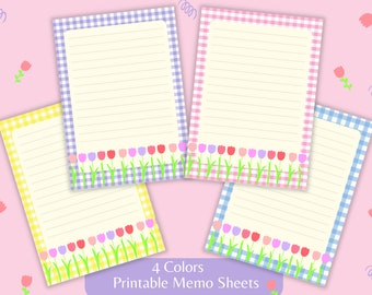4 colors Gingham Tulip Theme Notepad Memo Sheets Printable Downloadable Memo Pad Cute Kawaii templates A6 PNG & PDF