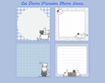 4 designs Cat theme printable notepad 3x3 inch Digital download Memo Sheets cute notepads kawaii memo sheets
