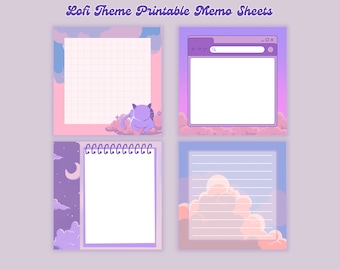 Puede incluir: Cuatro hojas de notas imprimibles con un "Tema Lofi". Las hojas presentan una cuadrícula, una ventana de navegador, un bloc de notas con espiral y papel rayado, todo con combinaciones de colores pastel e ilustraciones de nubes y luna. El texto "Lofi Theme Printable Memo Sheets" está en la parte superior.