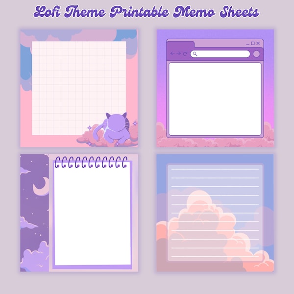 4 designs Lofi theme printable notepad 3x3 inch Digital download Memo Sheets cute notepads kawaii memo sheets