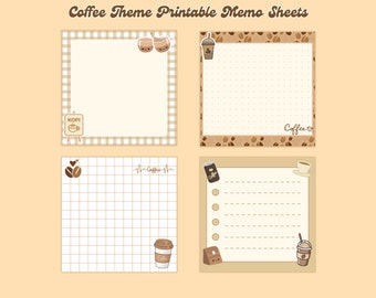 4 designs Coffee theme printable notepad 3x3 inch Digital download Memo Sheets cute notepads kawaii memo sheets
