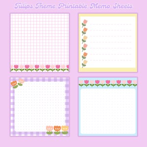 4 designs Tulips theme printable notepad 3x3 inch Digital download Memo Sheets cute notepads kawaii memo sheets