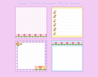 4 designs Tulips theme printable notepad 3x3 inch Digital download Memo Sheets cute notepads kawaii memo sheets