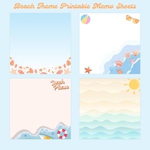 4 designs Beach theme printable notepad 3x3 inch Digital download Memo Sheets cute notepads kawaii memo sheets