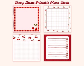 4 designs Cherry theme printable notepad 3x3 inch Digital download Memo Sheets cute notepads kawaii memo sheets