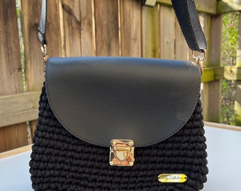 Crochet Leather Black Handbag Handmade Luxury Women's Bag Leather Woven Handbag Trendy Artisan Shoulder Bag Premium Handbag Gift For Friend