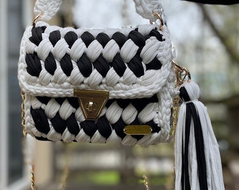 Luxury Crochet Satchel Handmade Knit Shoulder Bag Gold Chain Handbag Gift Hand Woven Crossbody Bag Sustainable Eco-Friendly Gift Option