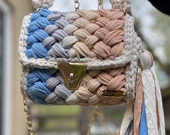 Luxury Crochet Satchel Handmade Knit Shoulder Bag Gold Chain Handbag Gift Hand Woven Crossbody Bag Sustainable Eco-Friendly Gift Option
