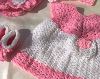 Baby Girl Crochet Layette Dress Set Newborn Outfit Pink Baby Knit Dress Baby Photoshoot Frock Baby Shower gift Ideas New Mom Infant Present