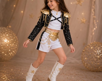 K-Pop Idol-kostymset för flickor, svartguld paljettkrigarkostym, Rumi Zoe Mira-inspirerad scendans-cosplay, fantasy-uppträdandeklänning för barn
