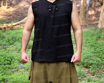 Medieval Men Fantasy Vest, Ren Faire Knight Viking Sleeveless Shirt, Renaissance Men Celtic Tunic, Steampunk Pirate Costume, LARP Outfit