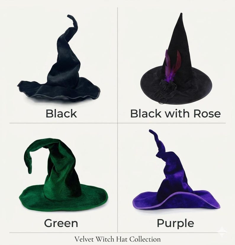 K&ouml;nnte beinhalten: Eine Sammlung von Hexenh&uuml;ten aus Samt in Schwarz, Schwarz mit Rose, Gr&uuml;n und Lila. Jeder Hut hat eine ausgepr&auml;gte Form mit breiter Krempe und spitzer Krone. Der Text "Velvet Witch Hat Collection" steht unten.