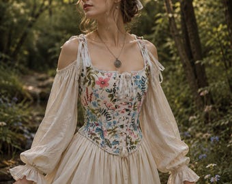 Renaissance Florales Fantasie Frauen Korsett, Ren Faire Cottagecore Elfen Kostüm, Edwardianisches Overbust Cosplay Korsett, Halloween Fantasy Larp Outfit