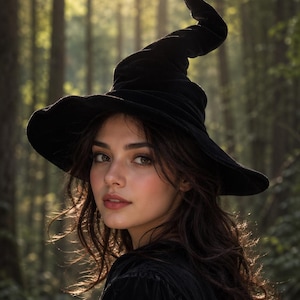 May include: A black velvet witch hat featuring a wide, flexible brim and a tall, pointed crown that curves slightly at the top. The hat is constructed from a soft, dark fabric with a matte texture, designed to sit comfortably on the head.