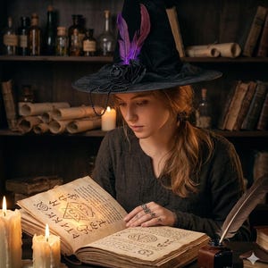 K&ouml;nnte beinhalten: Eine Frau mit einem schwarzen Hexenhut mit lila Federn und einer schwarzen Rose liest ein offenes Buch mit beleuchtetem Text. Auf dem Tisch stehen brennende Kerzen und eine Feder in einem Tintenfass. B&uuml;cherregale mit B&uuml;chern und Flaschen befinden sich im Hintergrund.