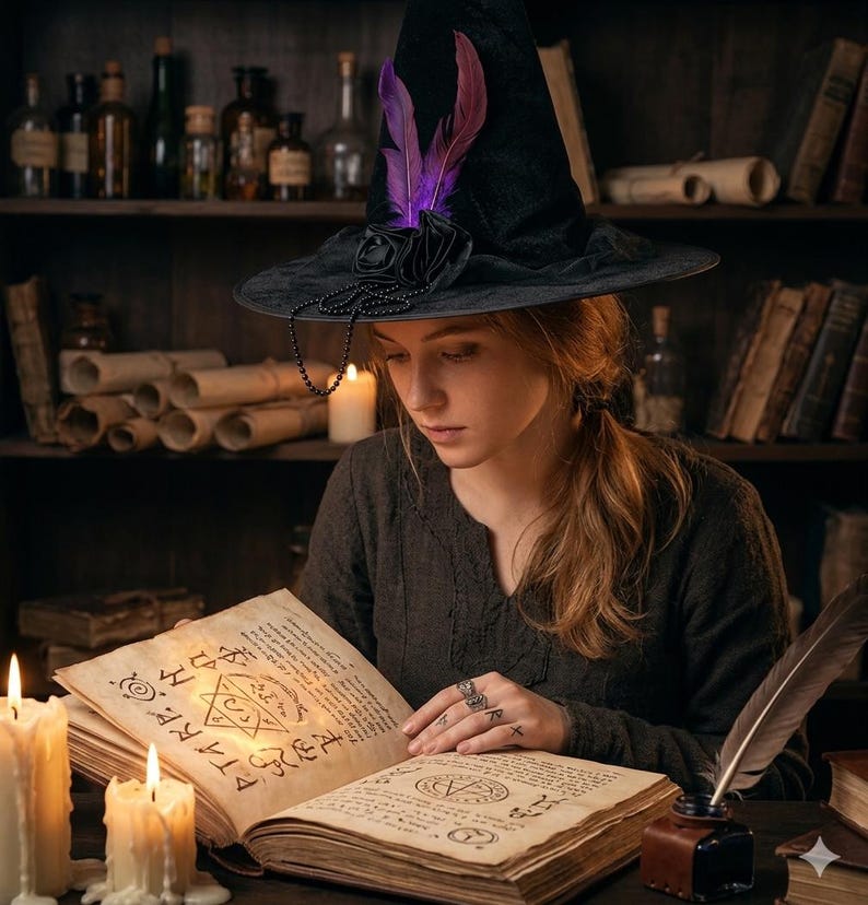 K&ouml;nnte beinhalten: Eine Frau mit einem schwarzen Hexenhut mit lila Federn und einer schwarzen Rose liest ein offenes Buch mit beleuchtetem Text. Auf dem Tisch stehen brennende Kerzen und eine Feder in einem Tintenfass. B&uuml;cherregale mit B&uuml;chern und Flaschen befinden sich im Hintergrund.