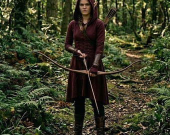 Mittelalterliches Elfen Kleid für Bogenschützen, Mittelalterliches Wald Hexen Kleid mit Kapuze, Historisches Ren Faire Halloween Kostüme, Wikinger Outfits