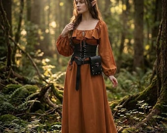 Mittelalterliches Feen-Fantasy-Kleid, Cottagecore-Hexen-Renaissance-Kostüm, Wikinger-Korsettkleid für Mittelaltermärkte, Waldelfen-LARP-Kostüm, Mittelalter-Top