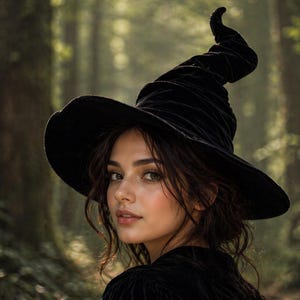 K&ouml;nnte beinhalten: Ein schwarzer Hexenhut aus Samt mit einer hohen, gebogenen Spitze. Der Hut hat eine breite Krempe und wird von einer Person mit dunklem Haar vor einem verschwommenen Waldhintergrund getragen. Ein klassisches Halloween-Kost&uuml;mzubeh&ouml;r.