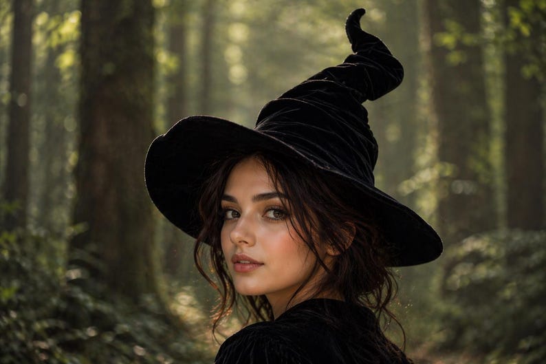 K&ouml;nnte beinhalten: Ein schwarzer Hexenhut aus Samt mit einer hohen, gebogenen Spitze. Der Hut hat eine breite Krempe und wird von einer Person mit dunklem Haar vor einem verschwommenen Waldhintergrund getragen. Ein klassisches Halloween-Kost&uuml;mzubeh&ouml;r.