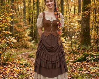 Mittelalterliches Fantasy-Kleid im Stil der 1920er Jahre, Wikinger-Kostüm für Halloween und Mittelaltermärkte, Empire-Korsett-Top mit Überbrust, Vintage-Maxikleid im heidnischen Stil für Bälle
