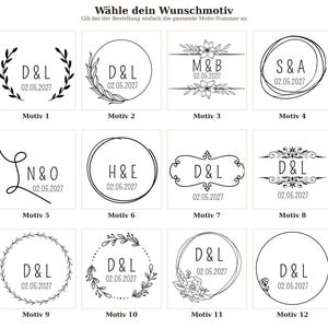 May include: A grid of twelve black and white graphic design templates for custom engraving. Each square features unique line art, floral motifs, or circular frames surrounding initials and the date 02.05.2027, labeled Motiv 1 through Motiv 12.