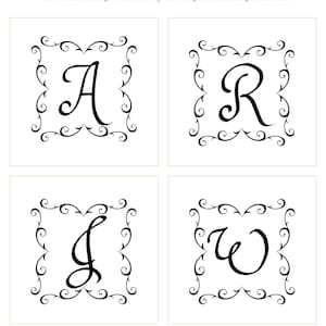 May include: A set of four square graphics featuring black calligraphic letters A, R, J, and W, each enclosed in a decorative black filigree border. The top text reads "Dein Wunschbuchstabe A-Z" and the bottom text reads "Alle Buchstaben A bis Z auf Anfrage verfügbar".