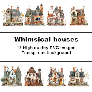 Whimsical houses, quirky houses clipart, 18 PNG files, transparent background, commercial use