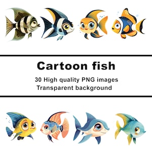Cartoon fish clipart, cartoon fish png, tropical fish, 30 PNG files, transparent background, commercial use