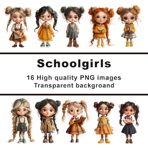 Schoolgirls, 16 digital clipart of girls, bundle set, PNG transparent background, commercial use